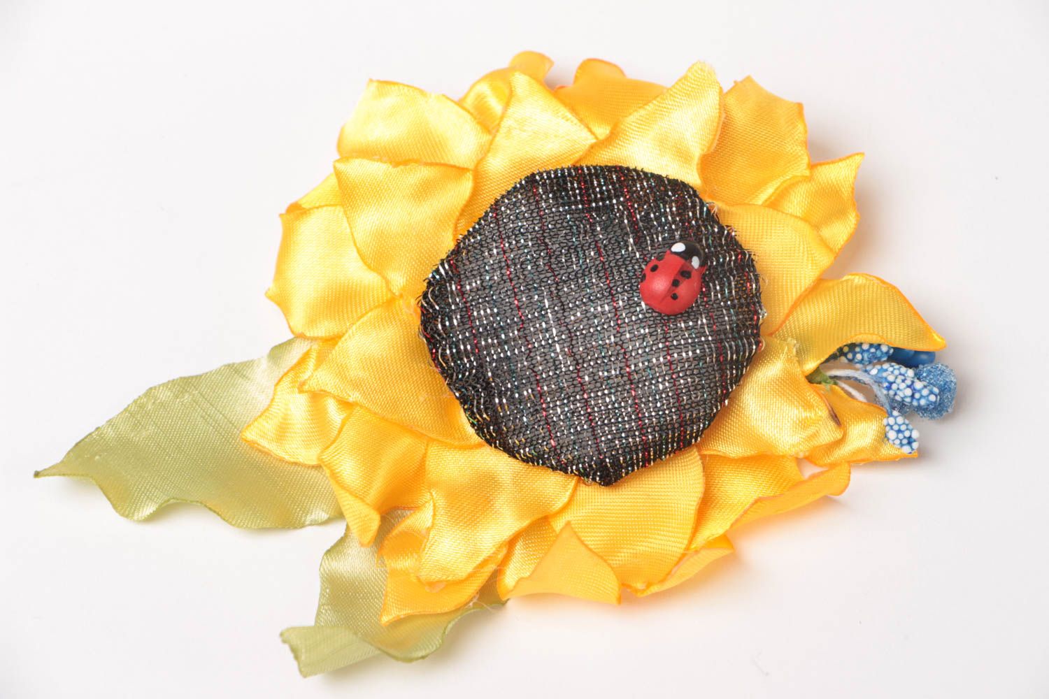Beautiful handmade designer satin fabric hair clip with yellow sunflower photo 2