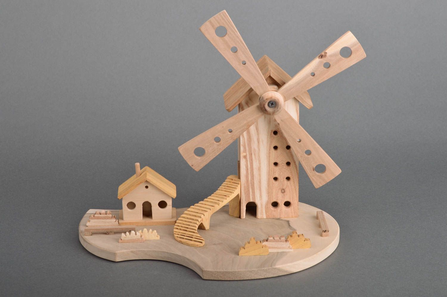 Beautiful handmade designer wooden figurine of mill for desktop decor photo 1