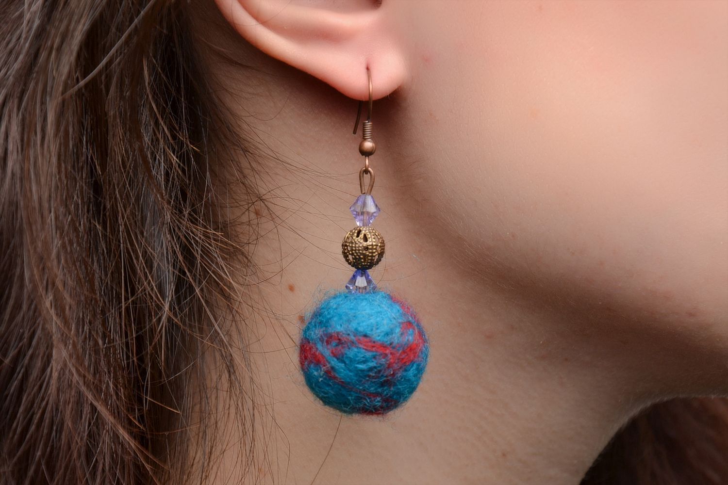 Felted wool earrings of blue color photo 2