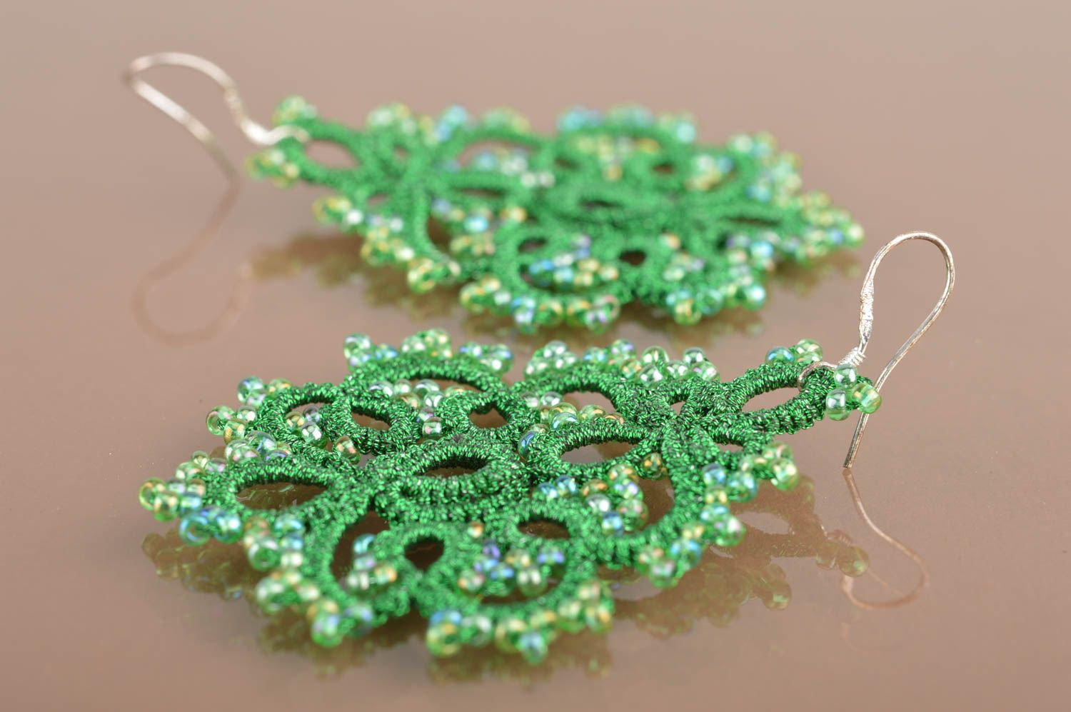Handmade tatted earrings woven of dark green satin threads with Czech beads photo 5