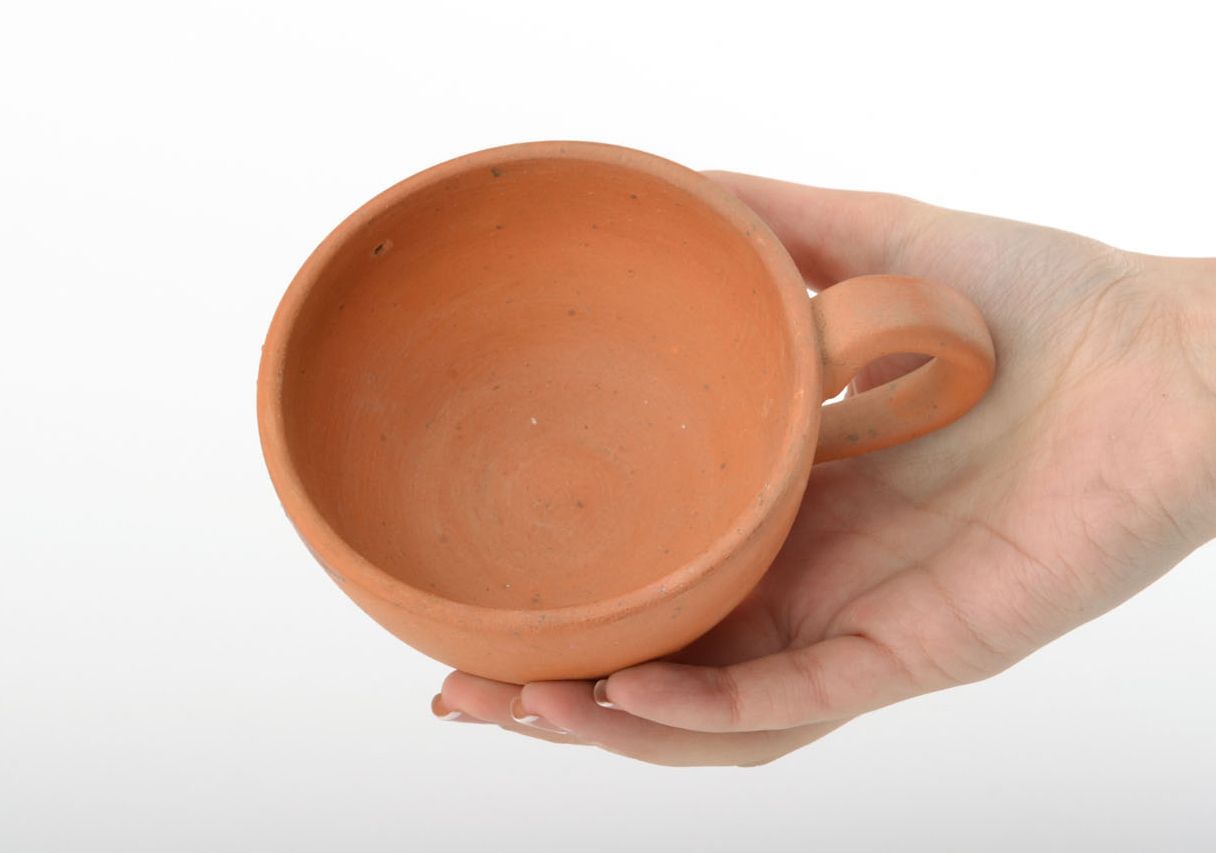 Clay flat 5 oz coffee cup in terracotta color with handle and sunflower pattern photo 6
