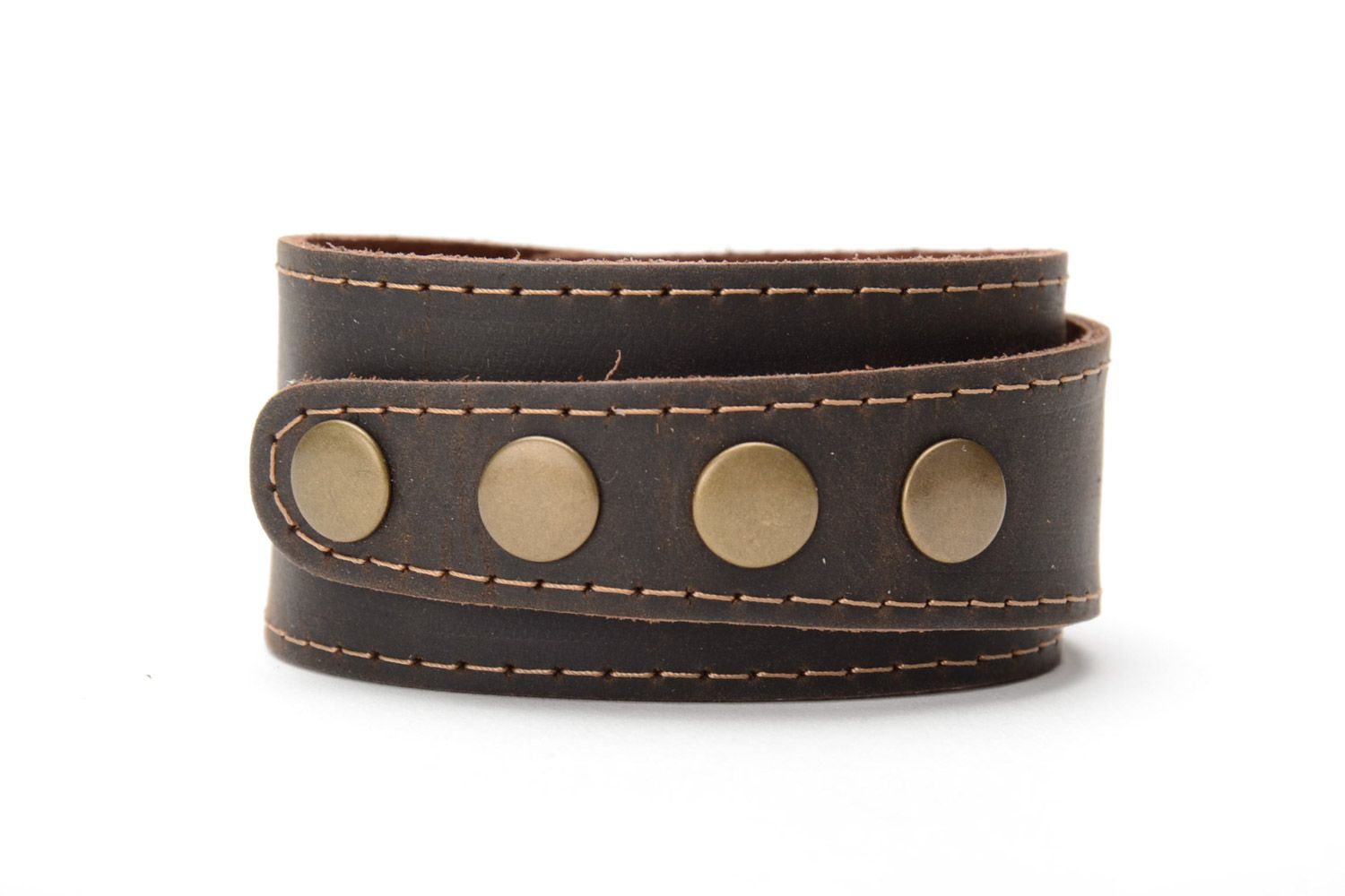 Handmade brown leather wrist bracelet with metal rivets unisex photo 3
