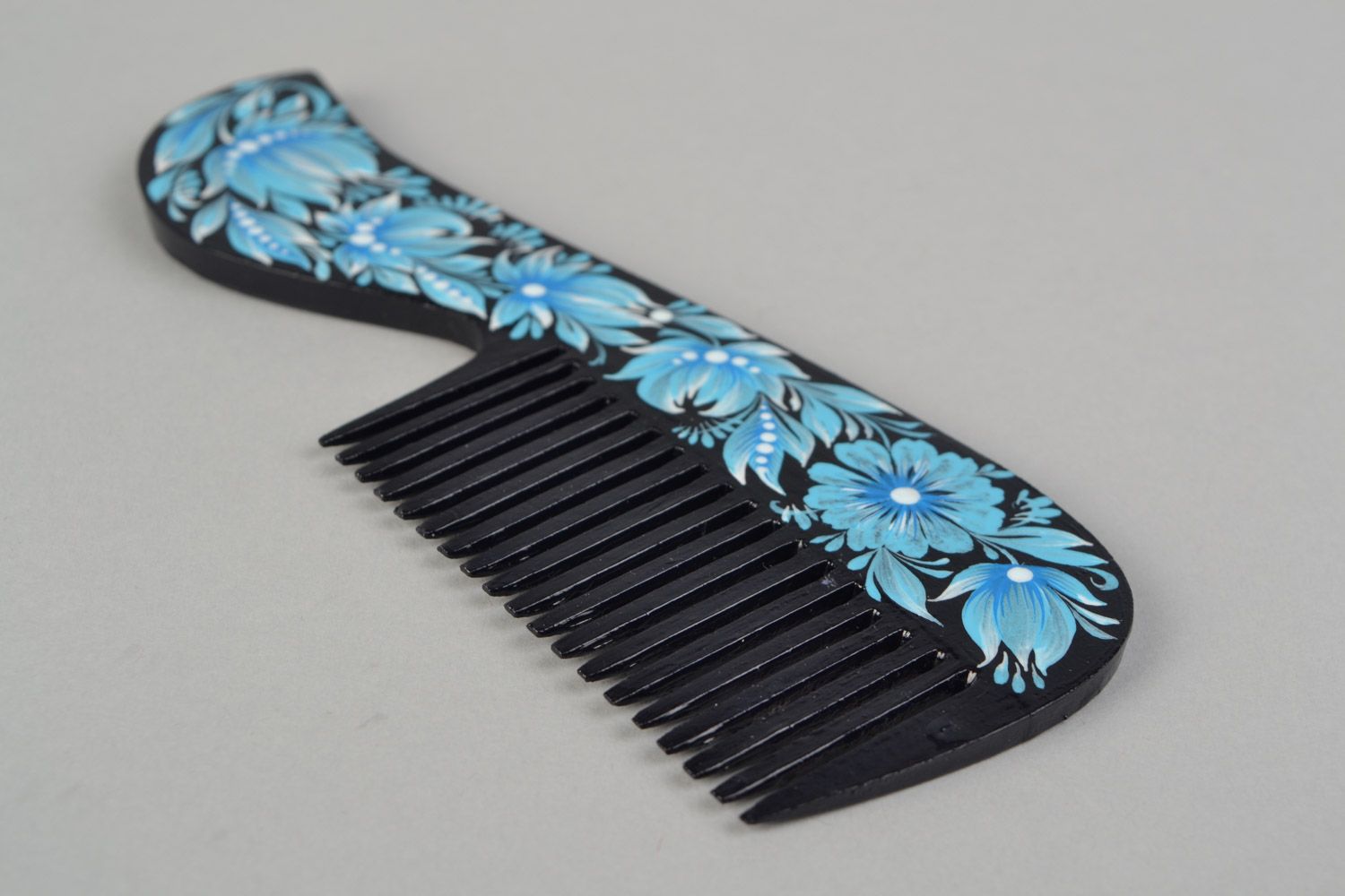 Handmade wooden hair comb with Petrikov painting black with flowers Vinca photo 5
