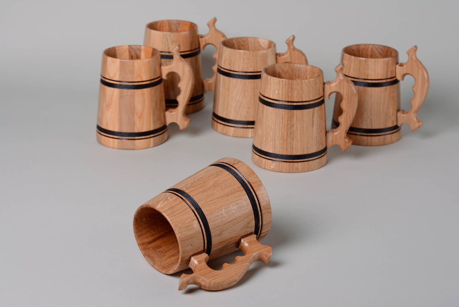 Set of handmade carved wooden beer mugs for interior decoration 6 items photo 5