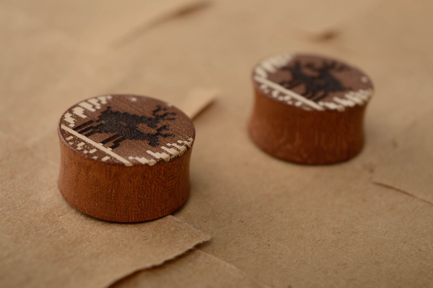 Unusual sapele wood ear plugs with engraving photo 5