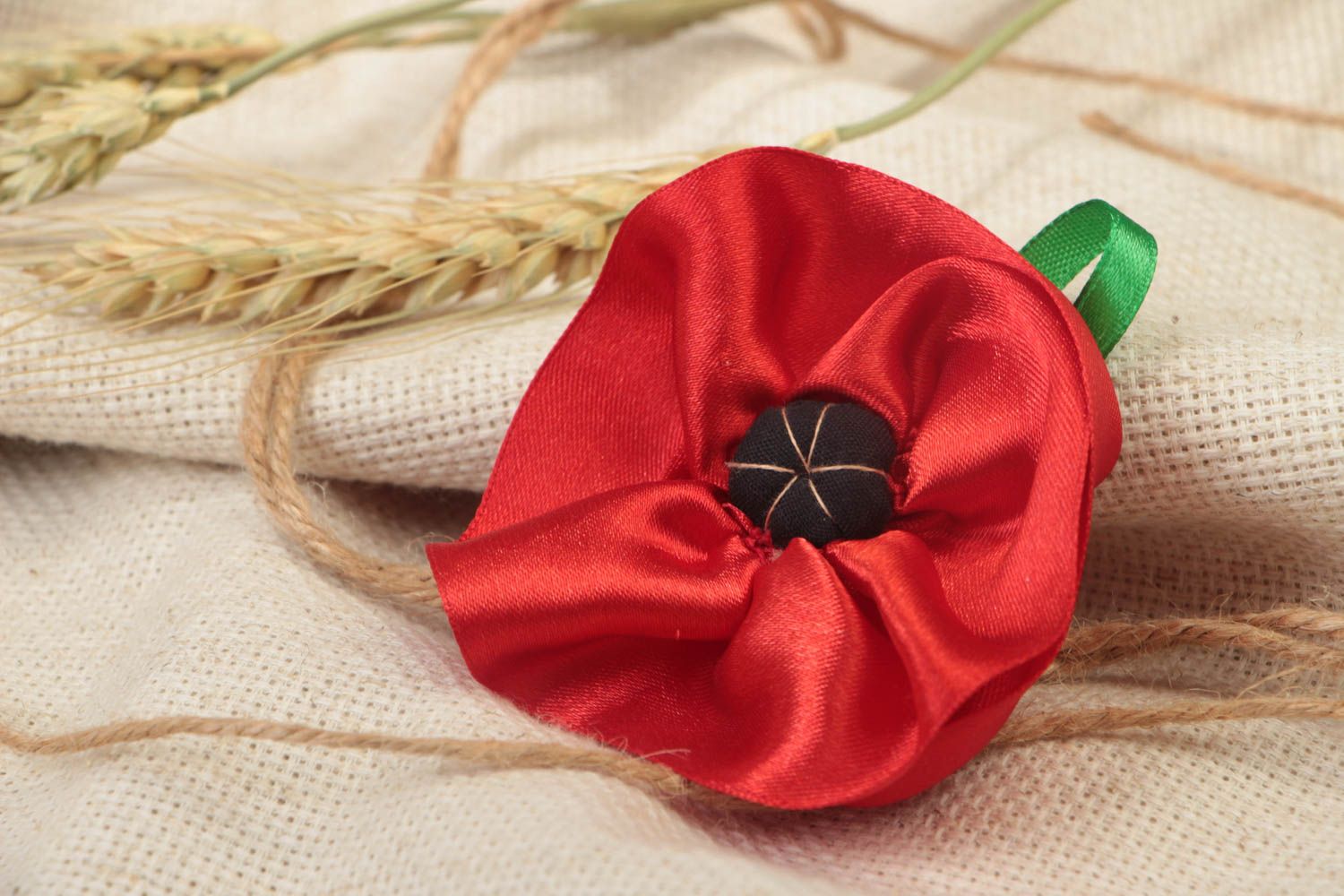 Textile brooch made of satin fabric with red poppy handmade summer accessory photo 1