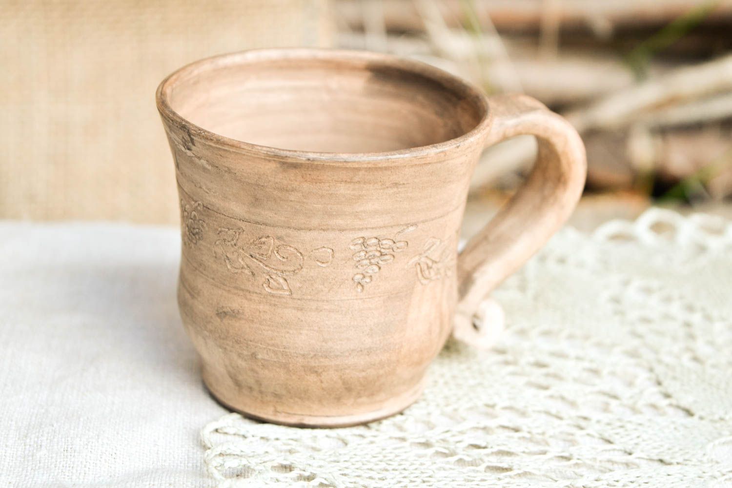 13 oz large white natural clay cup with handle and floral pattern photo 1
