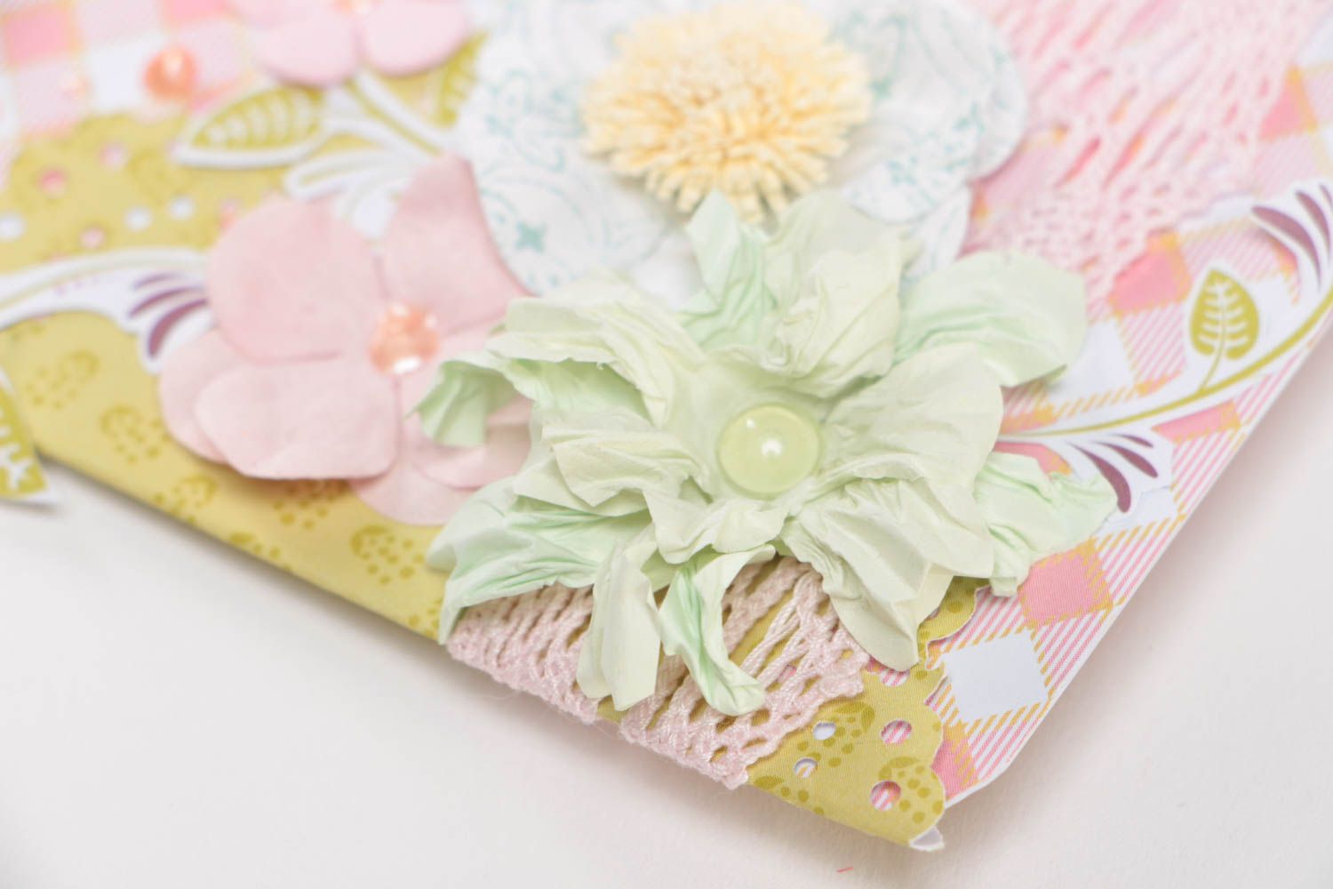 Beautiful small handmade gift tag with flowers of pink color scrapbooking photo 4
