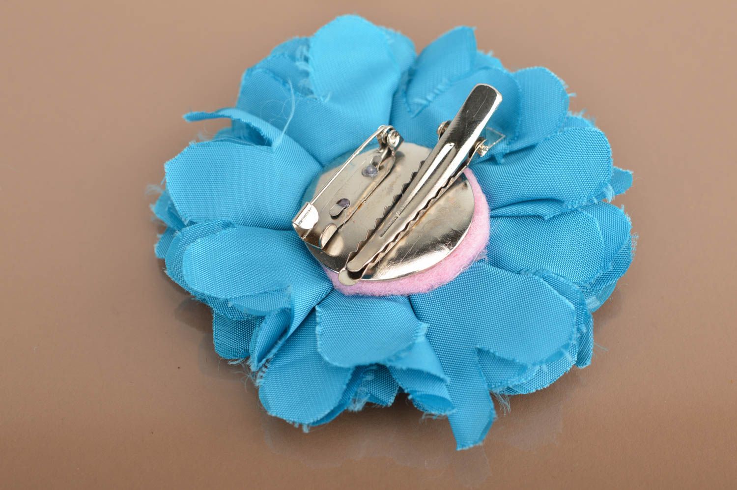 Beautiful blue textile handmade brooch hair clip made of artificial flowers photo 5