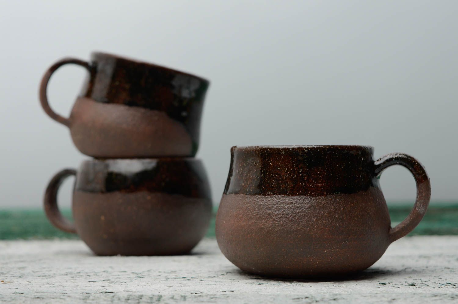 Set of three handmade ceramic 5 oz cups in Chocolate color glazed inside photo 3