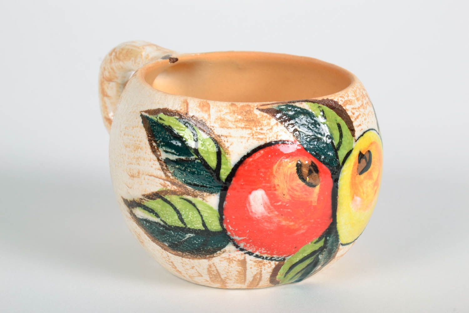 Ceramic art coffee or tea cup in white and green color with Apples pattern  photo 4