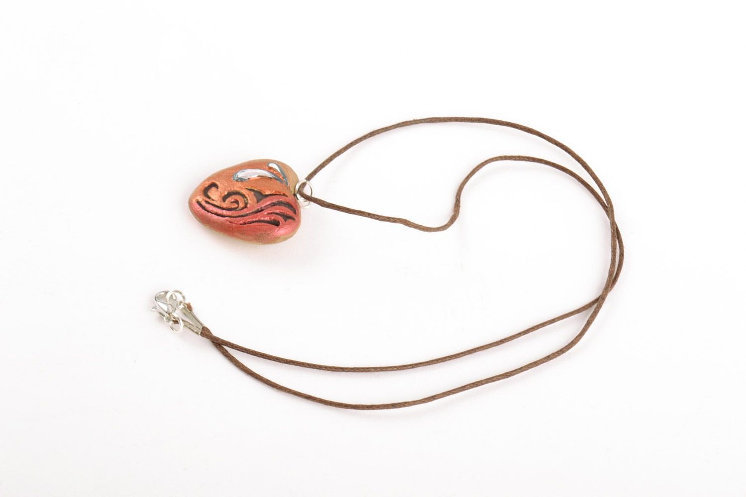 Heart shaped handmade clay pendant painted with acrylics photo 5