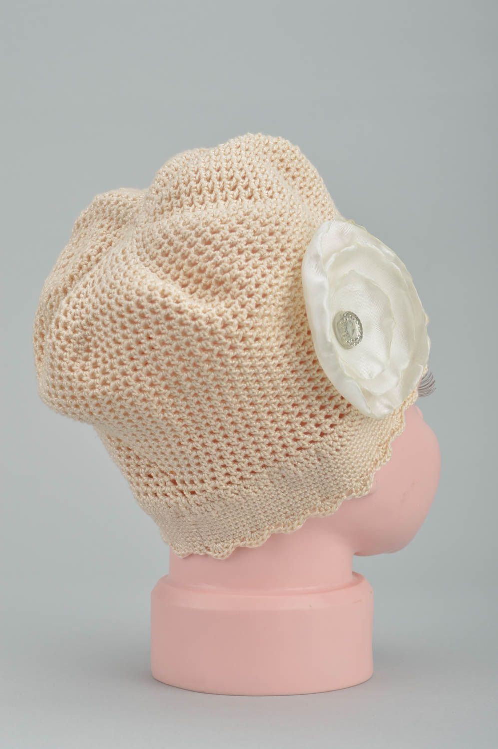 Handmade cap crocheted hat accessory for baby girl spring hat beige color photo 5