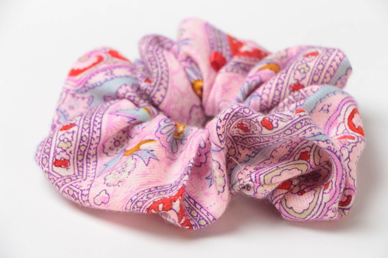 Beautiful handmade pink fabric scrunchy with oriental pattern photo 3