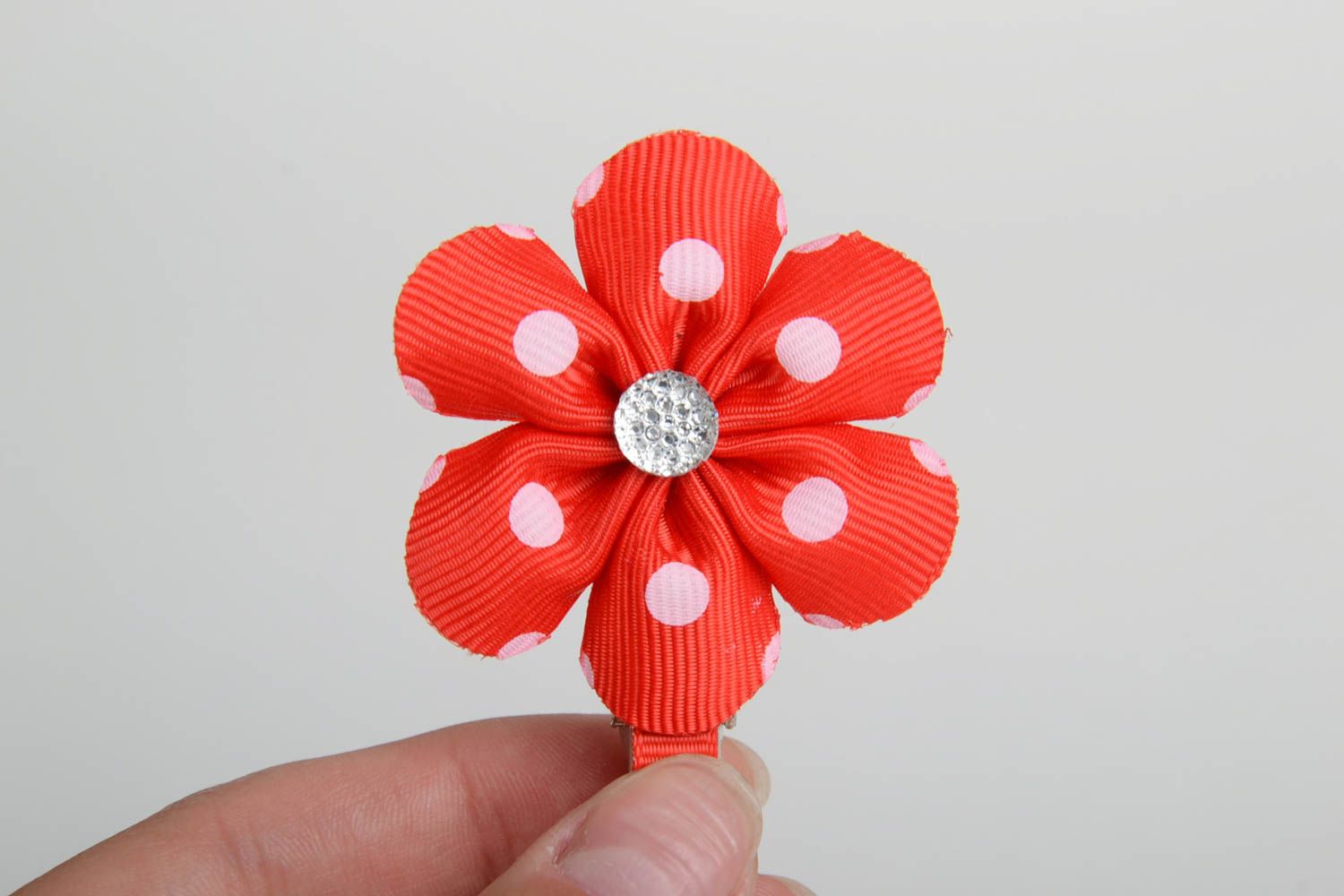 Designer homemade decorative hair clip with satin ribbon red kanzashi flower  photo 5