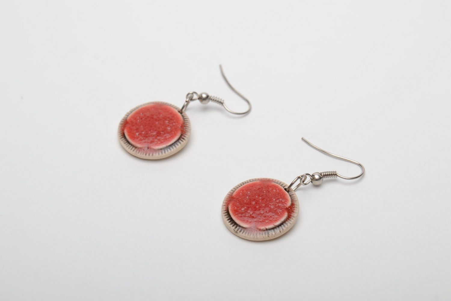 Unusual handmade white clay round earrings painted with enamels photo 3