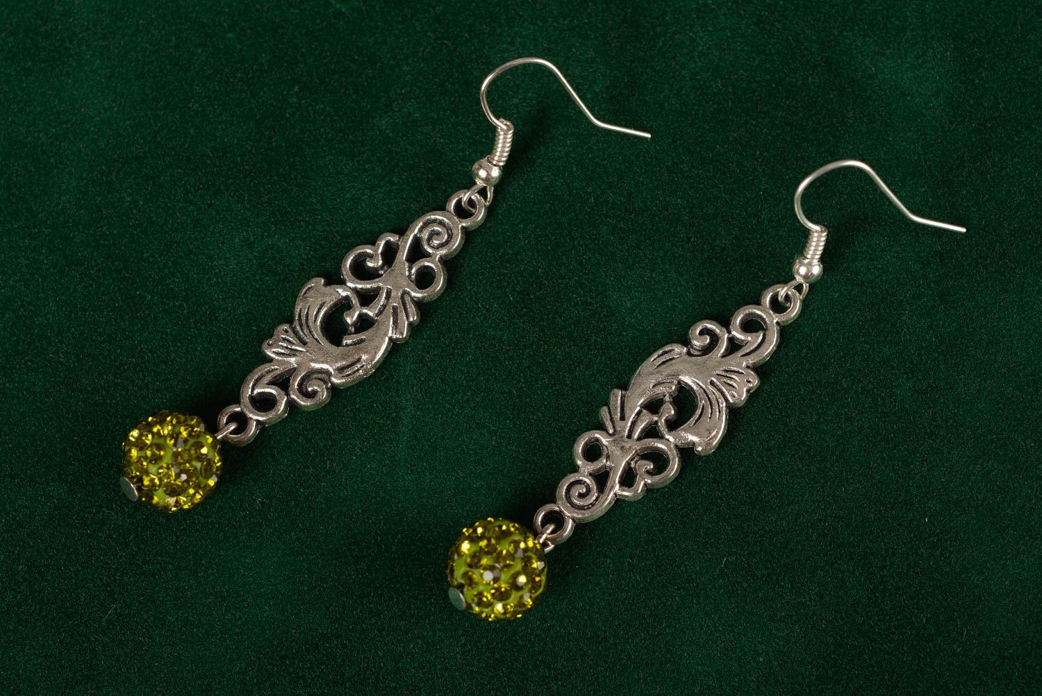 Handmade long lacy metal dangle earrings with green beads in vintage style photo 1
