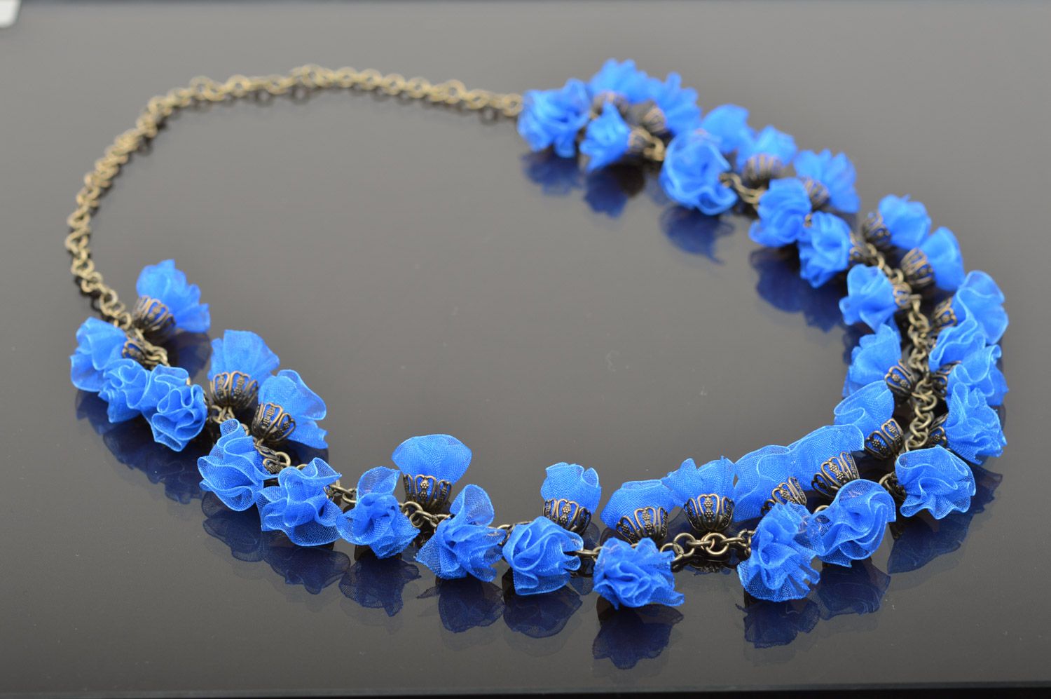 Bright handmade women's ribbon flower necklace of blue color Cornflowers photo 2