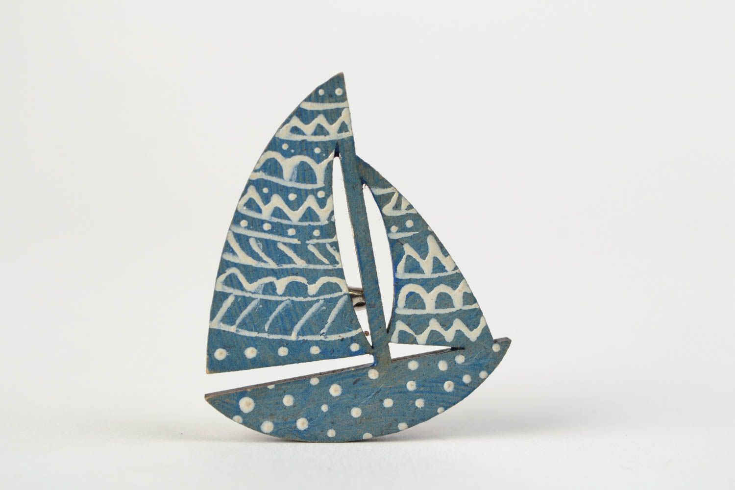 Handmade designer wooden brooch painted with acrylics blue Sailboat photo 1