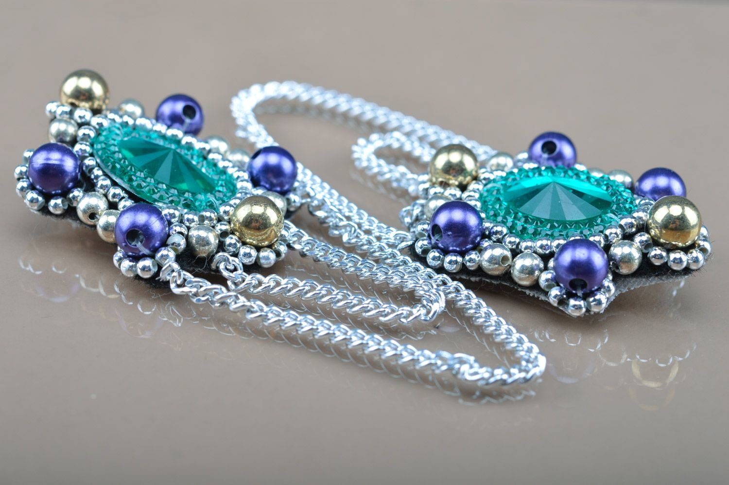 Handmade festive beaded earrings with rhinestones and chains on felt basis photo 2