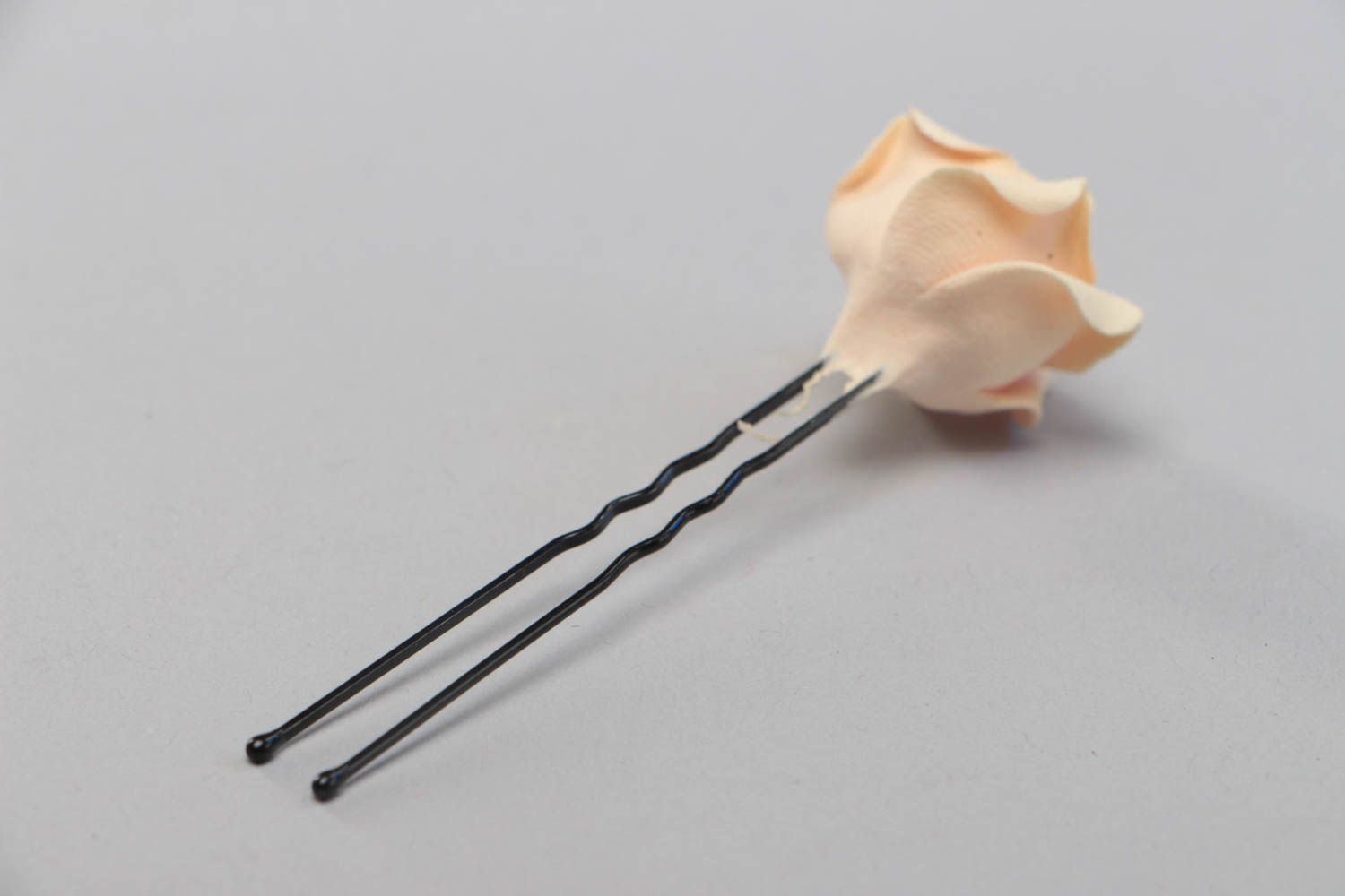 Handmade decorative hair pin with polymer clay rose flower of peach color photo 3