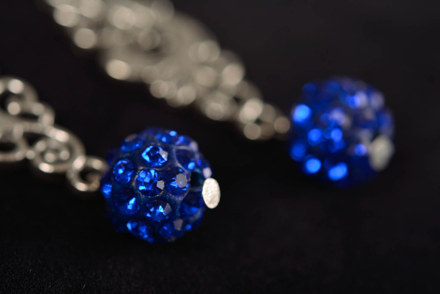Designer long lacy metal handmade dangle earrings with bright blue rhinestones photo 3