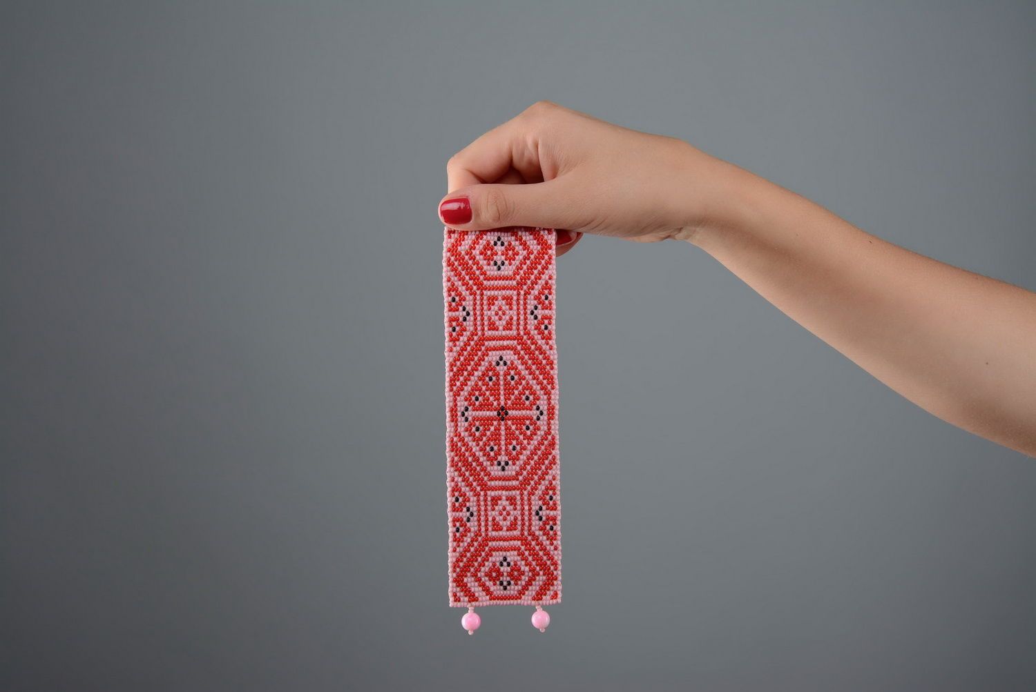 Handmade wide bead bangle red bracelet with Ukrainian ornament photo 5