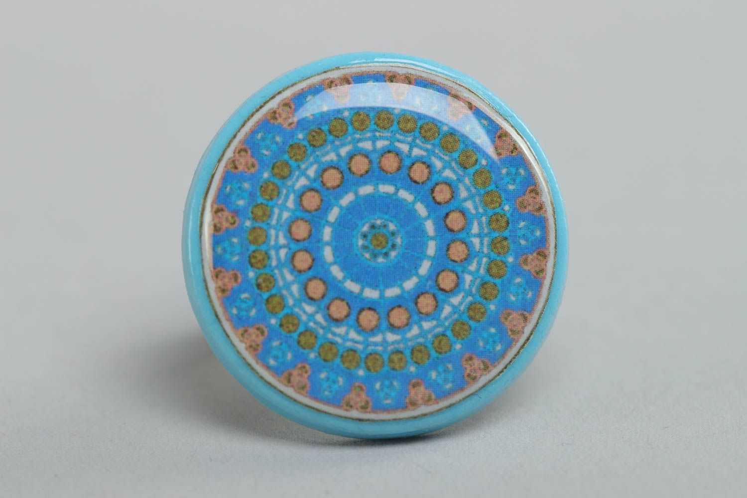 Handmade glass glaze ring made of polymer clay round blue accessory photo 3