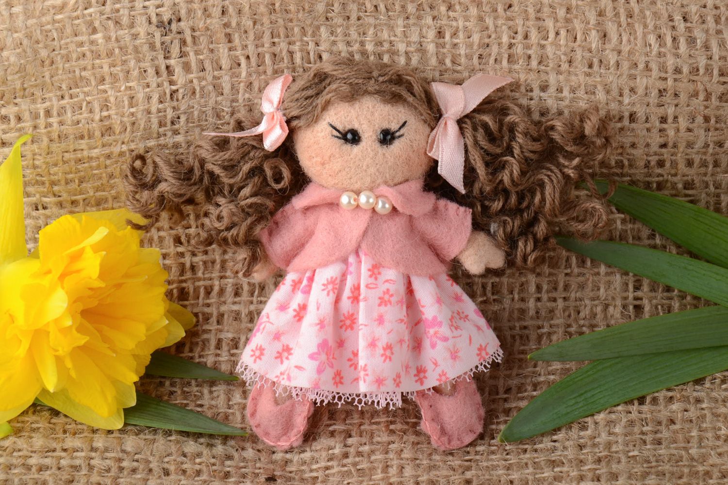 Handmade designer children's brooch felted of wool in the shape of doll in pink photo 1