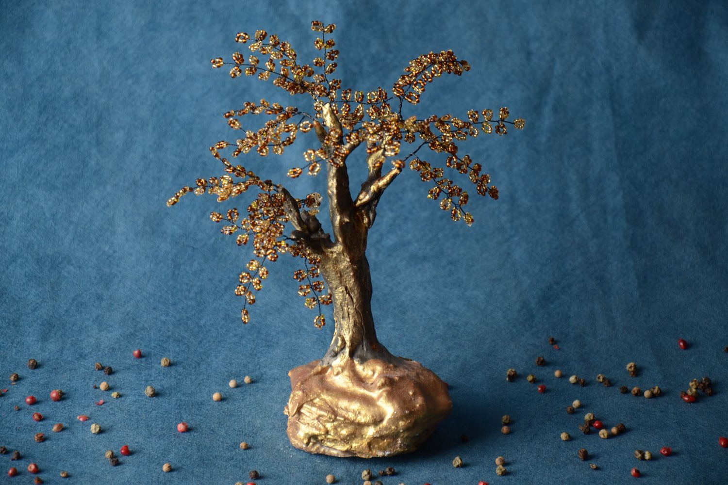 Handmade decorative beaded happiness tree with metal frame Golden Autumn  photo 1
