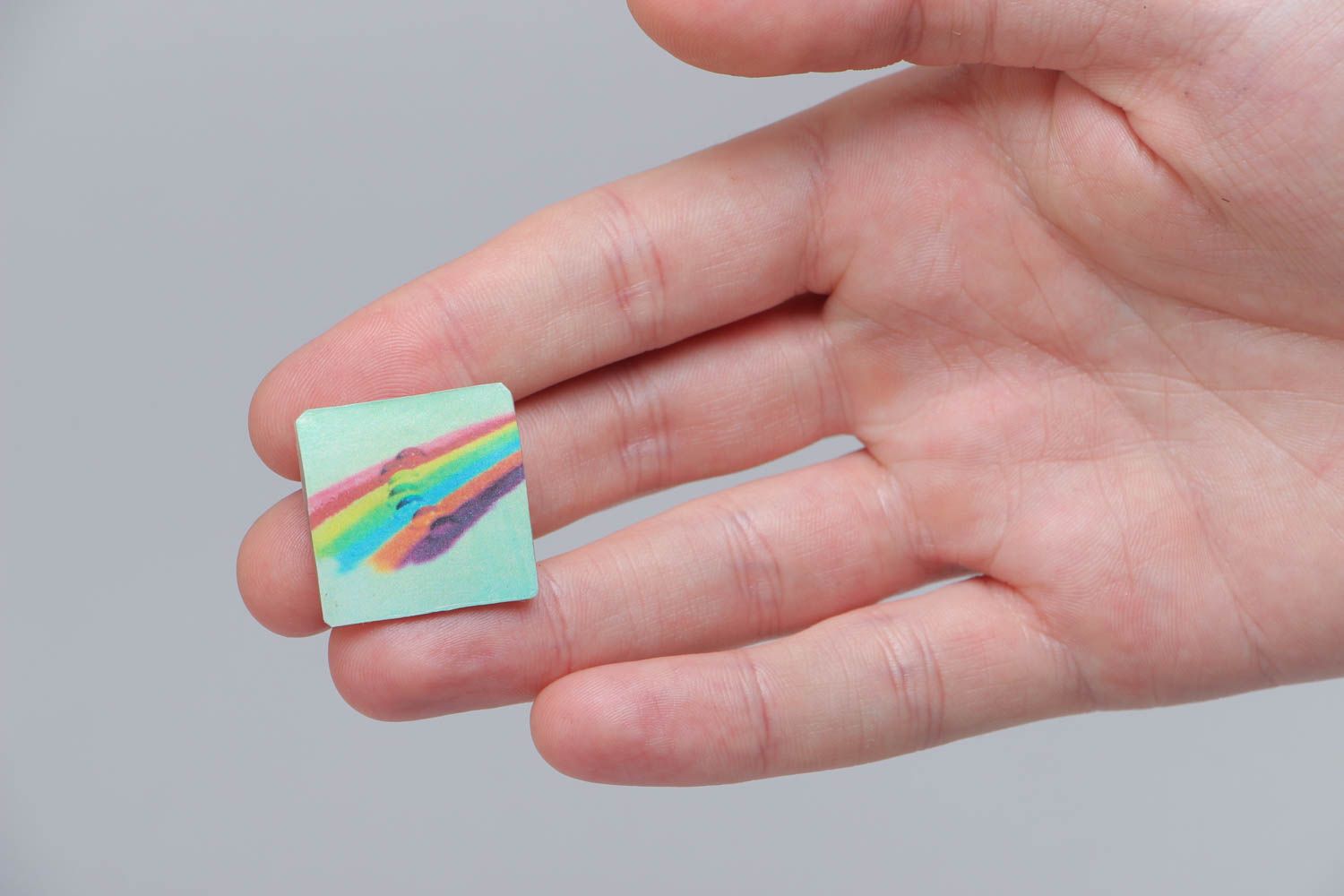 Handcrafted designer square brooch with rainbow made of plastic with metal fittings photo 5