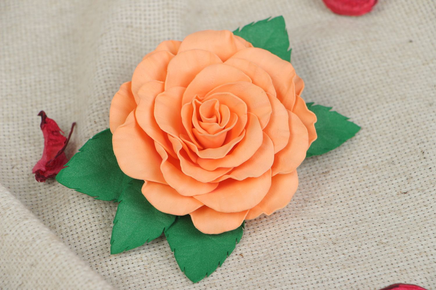 Handmade festive hair clip with volume foamiran flower of orange color photo 5