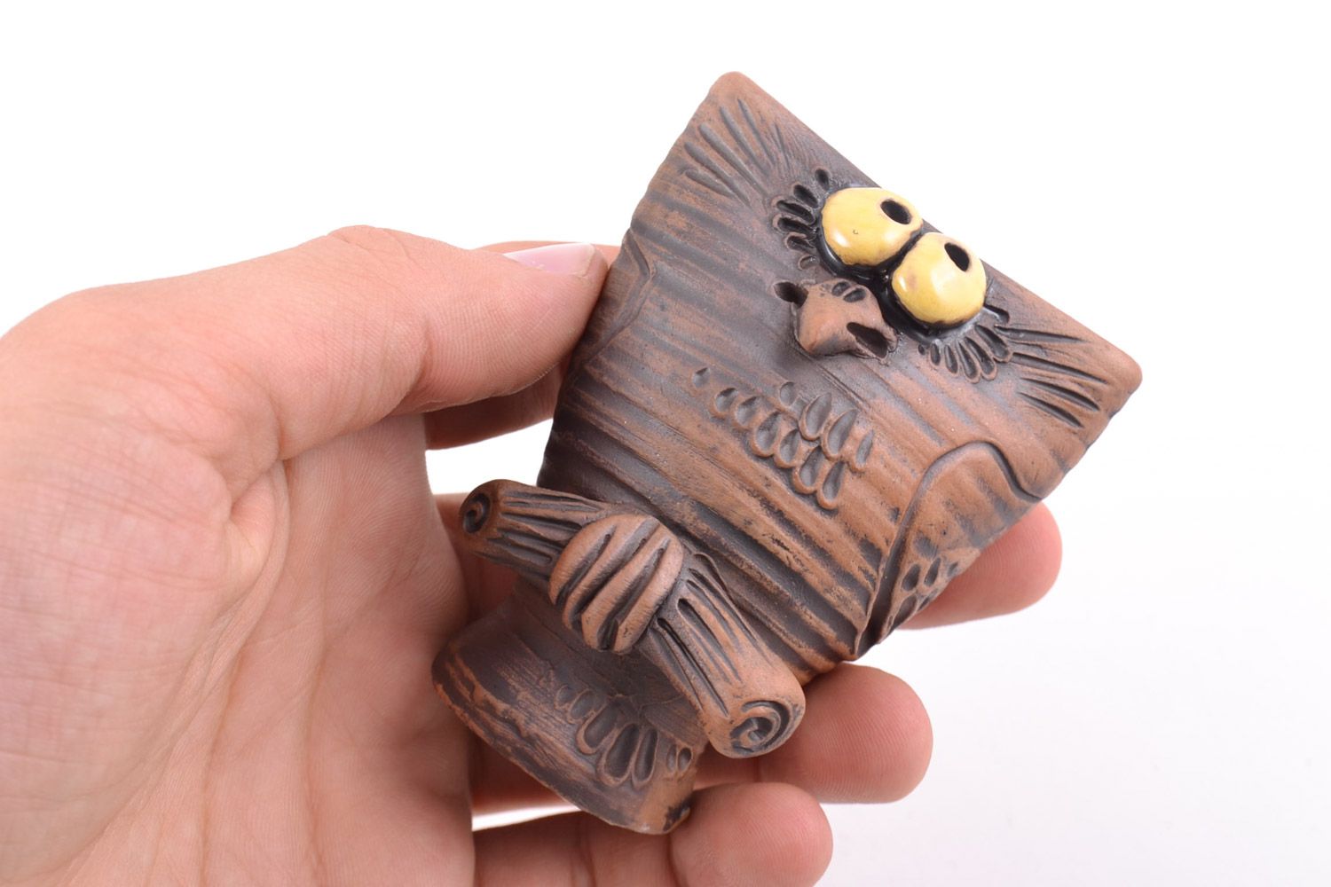 Handmade miniature souvenir ceramic statuette of funny owl of chocolate color photo 2