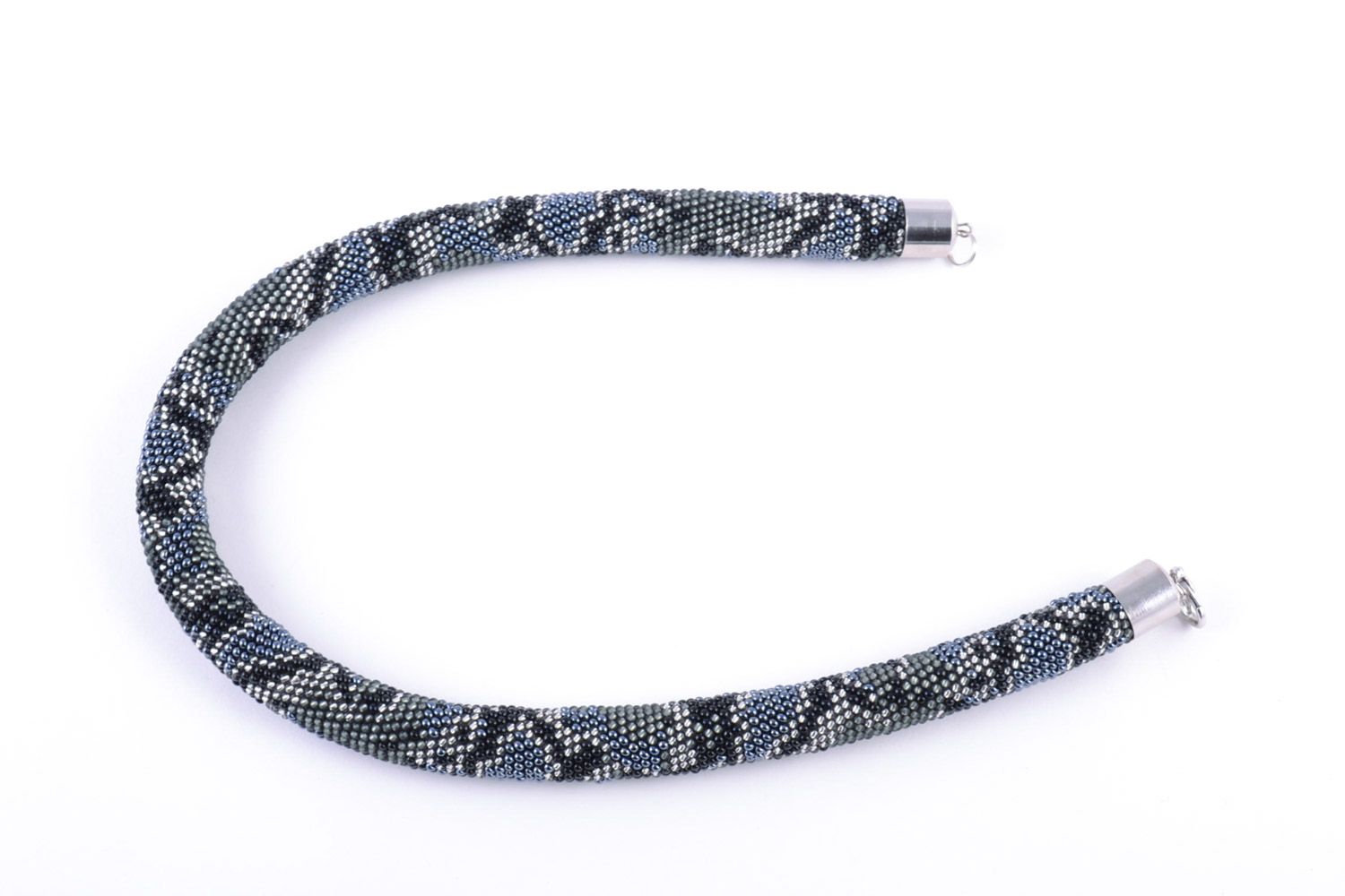 Beautiful gray handmade Czech bead cord necklace with snake print photo 4