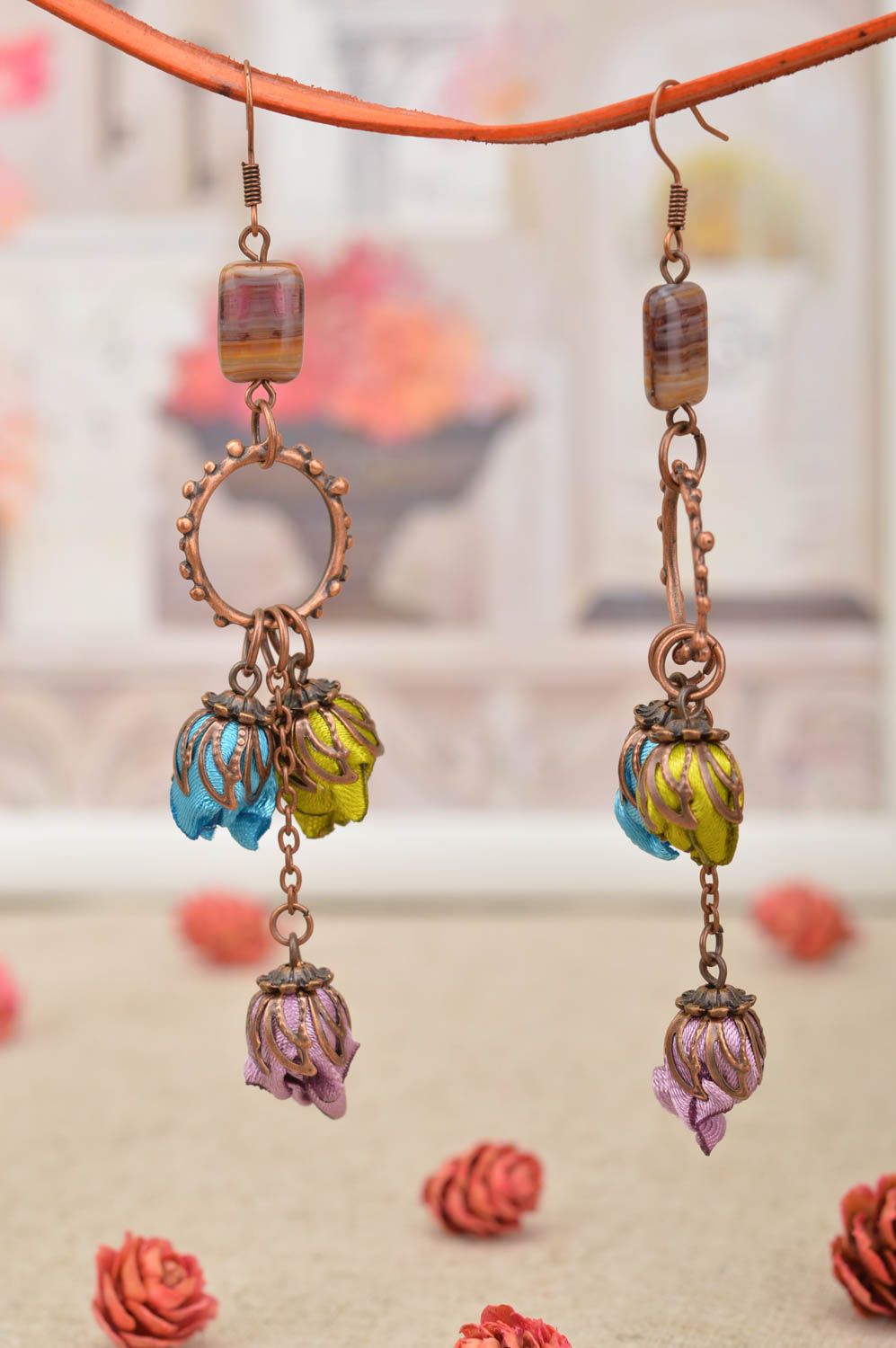 Handmade long earrings unusual textile accessory cute earrings with charms photo 1