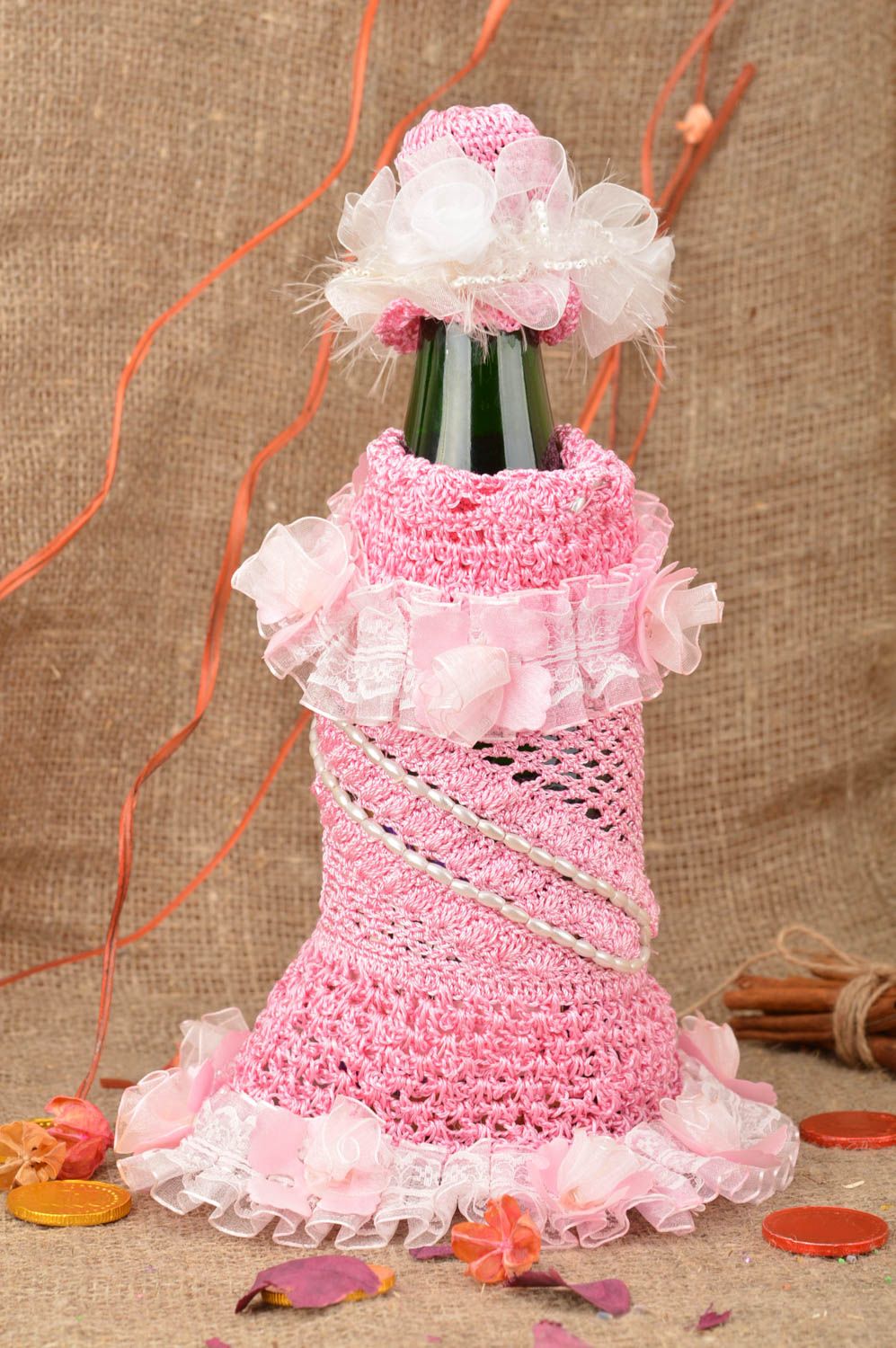 Handmade decorative bottle cozy crocheted pink dress with lacy hat cover photo 1