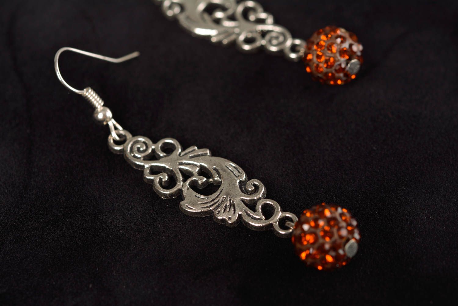 Metal earrings with rhinestones female long beautiful handmade accessory photo 4