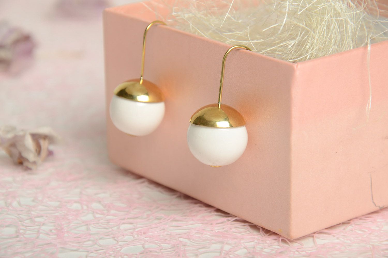 Handmade designer elegant latten dangling earrings with white ceramic beads  photo 1