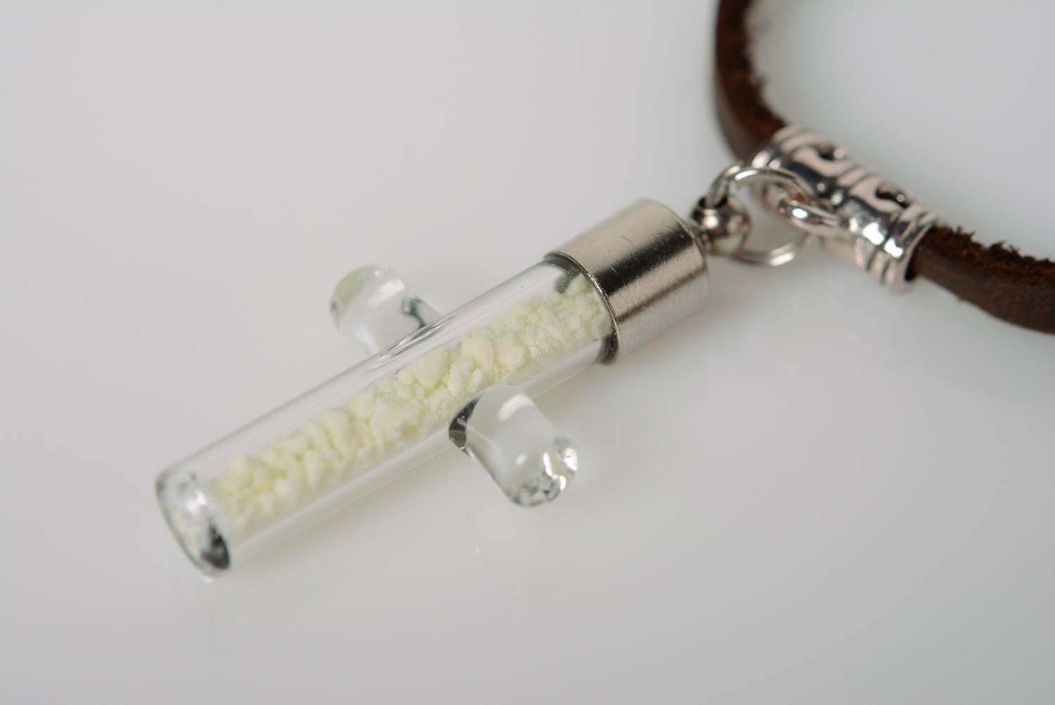 Unusual handmade designer leather cord bracelet with glass cross photo 4
