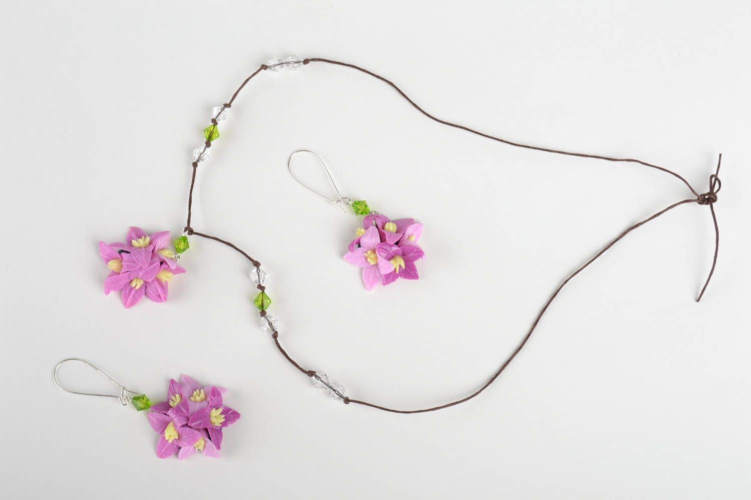 Handmade flower jewelry set dangling earrings pendant necklace polymer clay photo 2