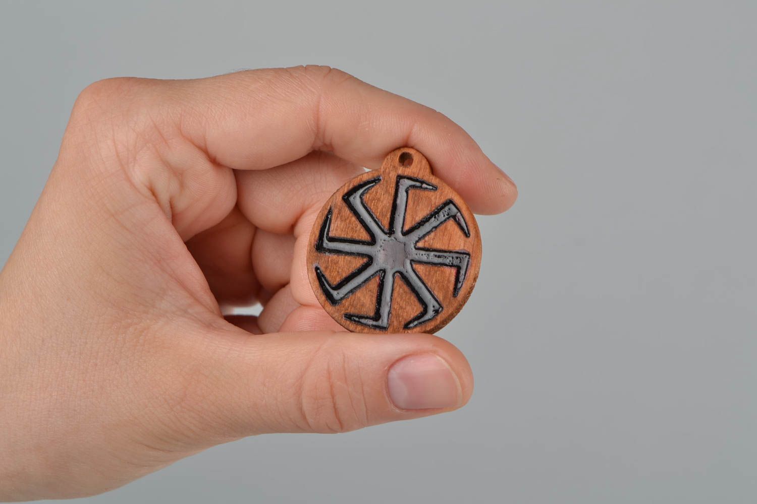 Slavonic handmade round amulet pendant made of wood Cross of Lada the Virgin photo 2