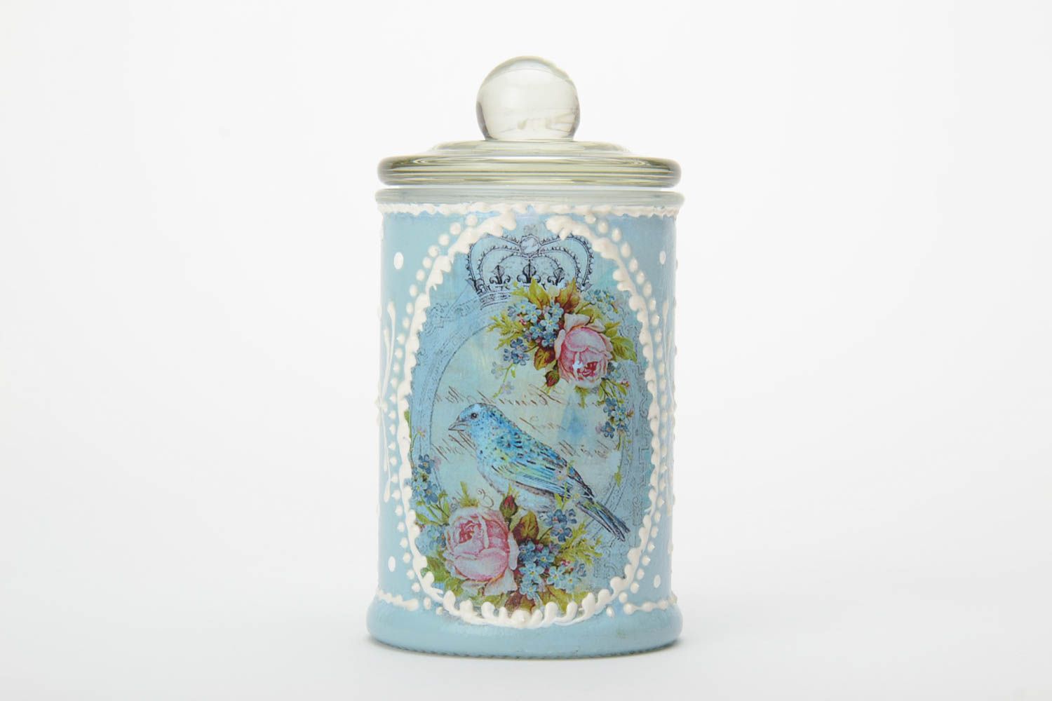 10 oz glass hand-painted jar décor in blue color with lid 0,45 lb photo 2