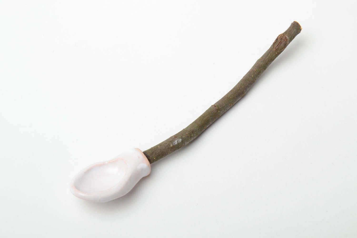 Ложка для специй из глины и деревянной веточки абрикоса глазурованная розовая фото 2
