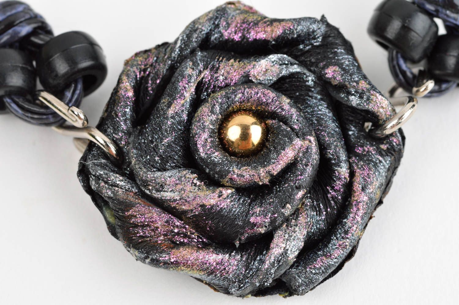 Bracelet cuir Bijou fait main avec fleur Accessoire cuir noir lilas cadeau photo 5