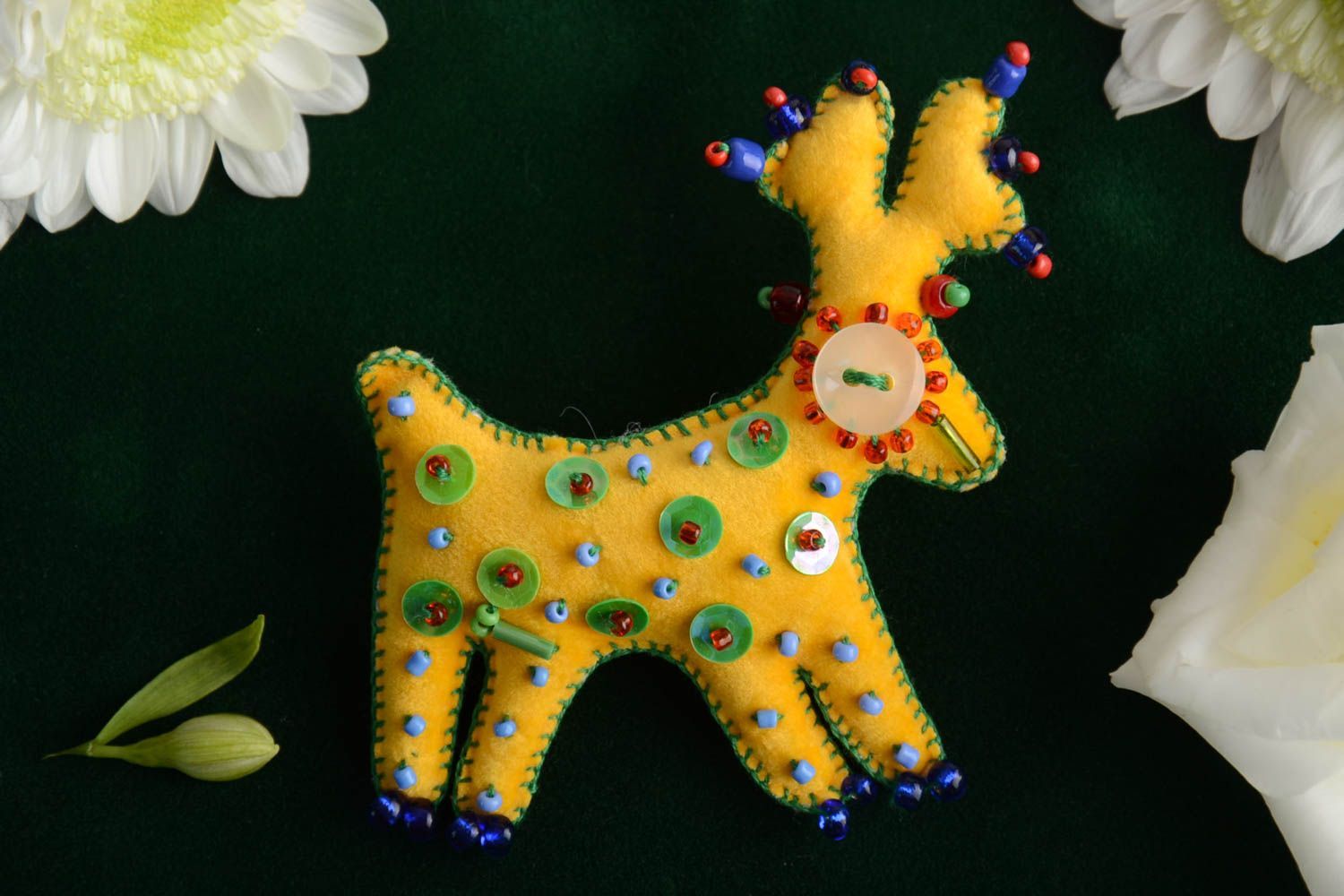 Bright handmade fabric soft brooch Deer embroidered with beads and sequins photo 1