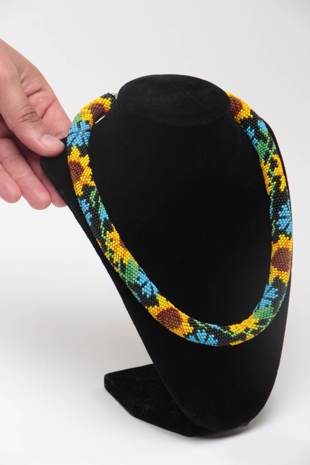 Handmade designer bead woven cord necklace with sunflowers on black background photo 5