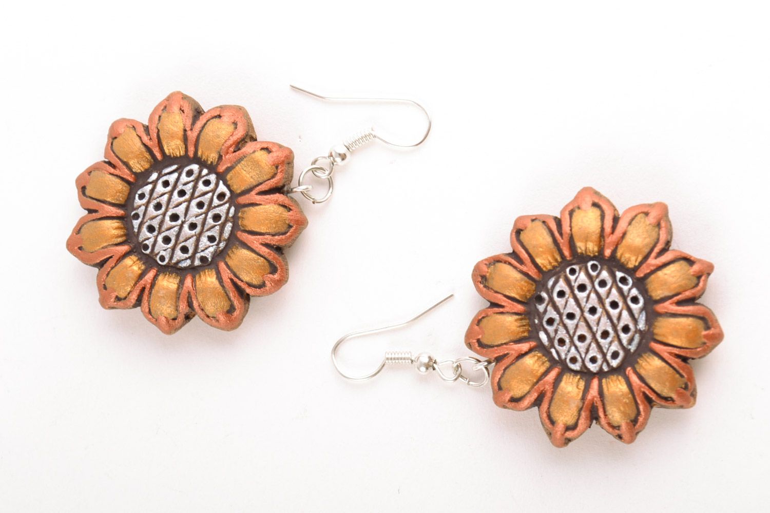Handmade round clay flower earrings in the shape of sunflowers painted with acrylics photo 5