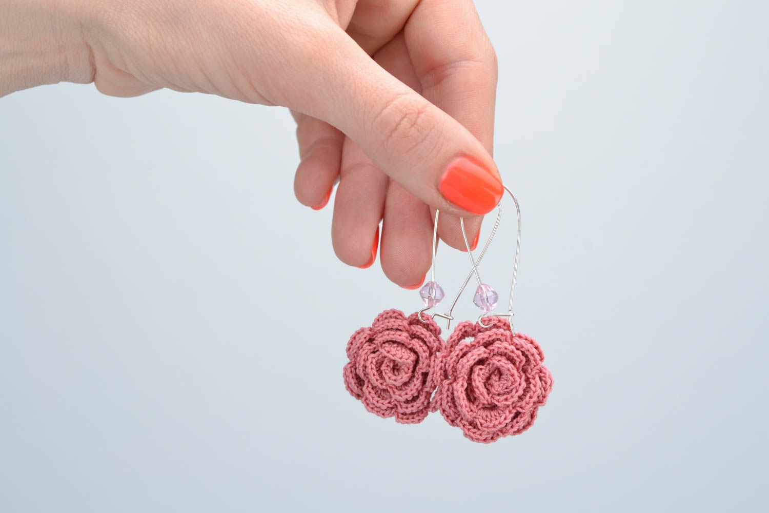 Handmade dangling earrings crocheted of cotton threads pink flowers with beads photo 2