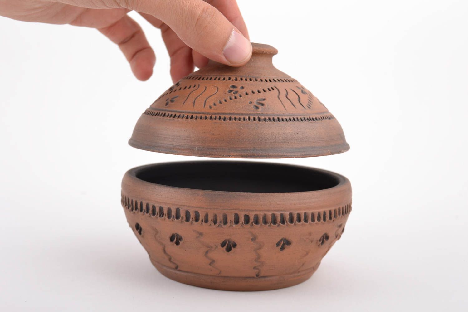 Unusual brown handmade designer clay bowl kilned with milk 400 ml photo 2