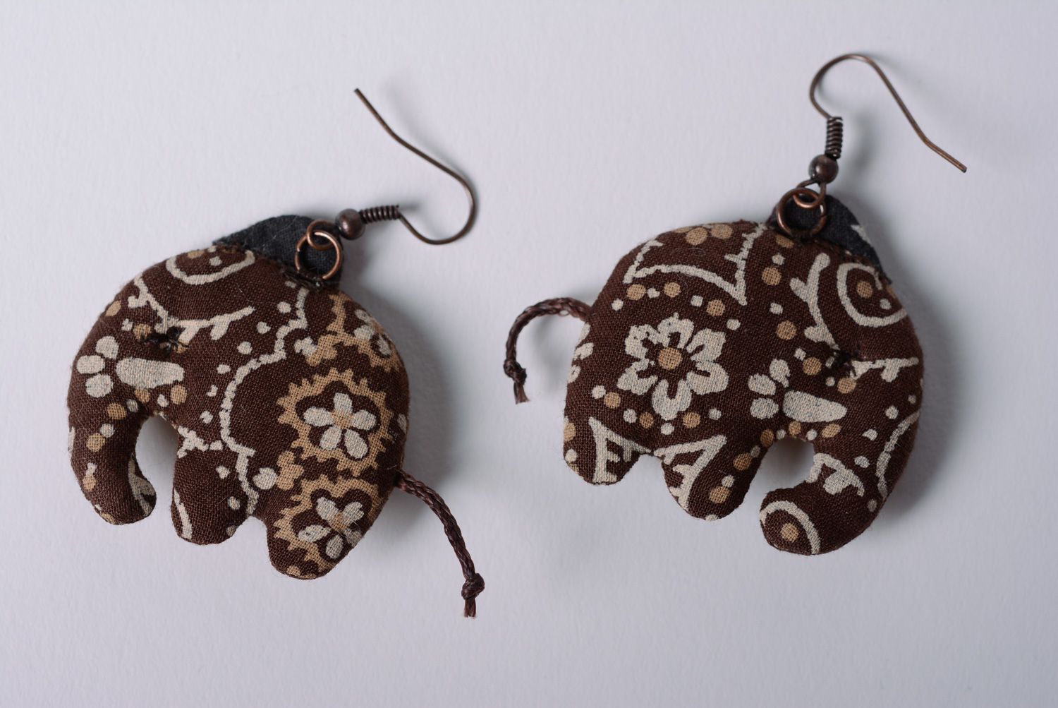 Handmade fabric dangle earrings sewn of fabric in brown color palette elephants photo 5